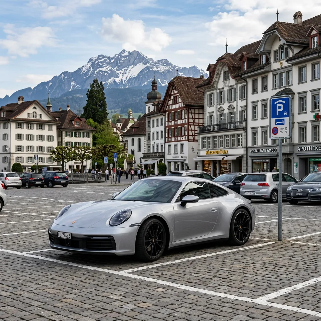 Silberner Porsche 911 auf einem Schweizer Stadtplatz