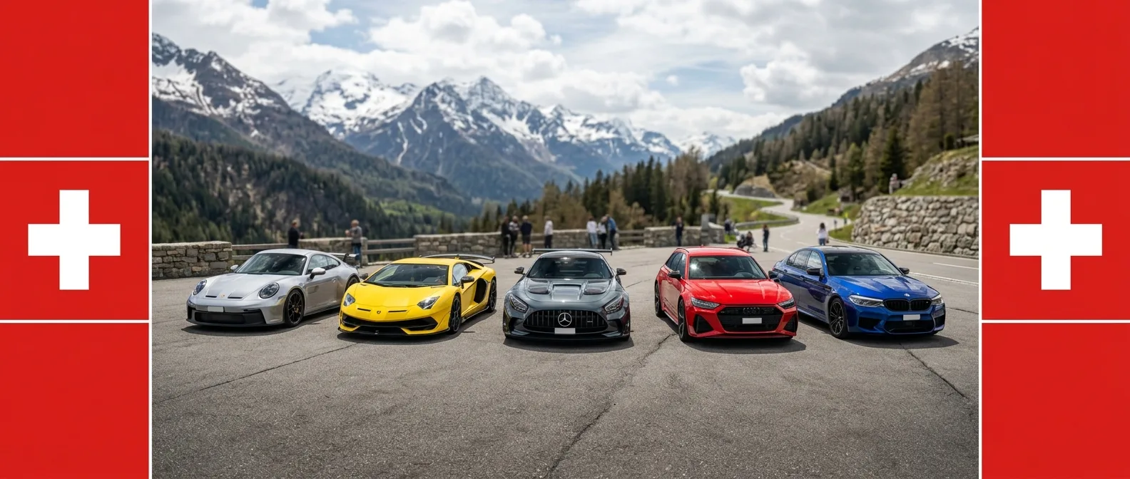 Sportwagen und Klassiker auf einem Schweizer Alpenpass